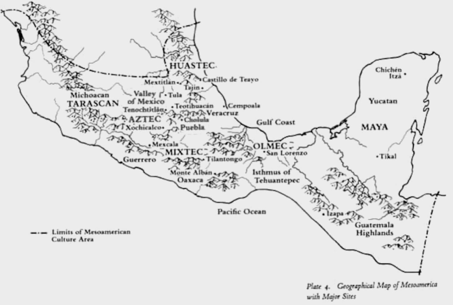 Map of Mesoamerica, with principal cultures and archaeological sites. Drawing by Jesús Quiroz González . Mexicolore