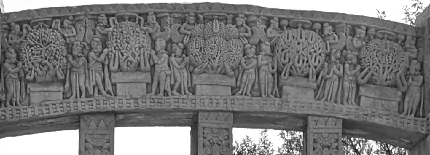 Bodhi tree, worship- as seen in early Buddhist Stupa in Sanchi dated from 300 BC.