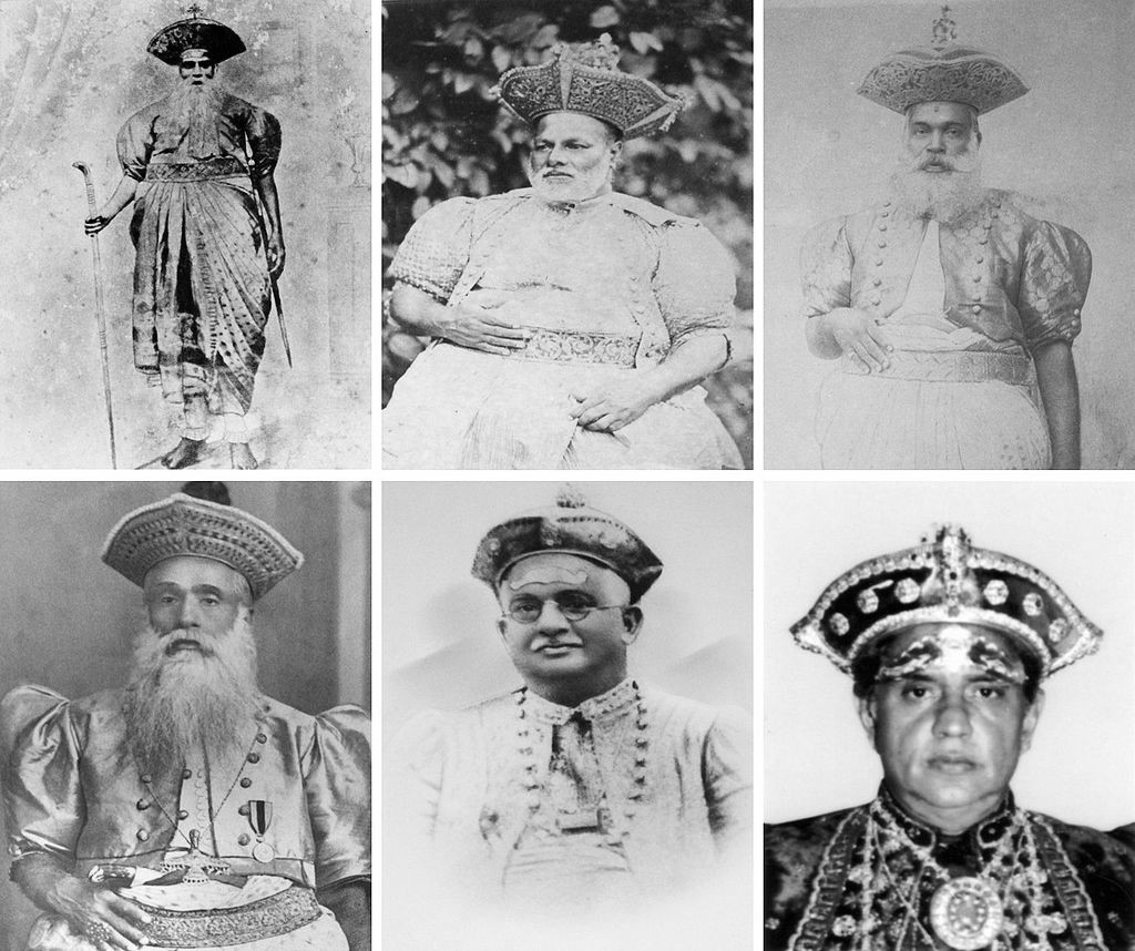 Notable Diyawadana Nilames of Past. First Row, Left to Right: Dullewa Adikaram Nilame - Duration 1842 - 1848. Kuda Mudiyanse Giragama Nilame - Duration 1882 - 1897. Seneviratne Ratwatte Nilame - Duration 1897 - 1901. Second Row, Left to Right: Kudabanda Nugawela Nilame - Duration 1901 - 1916. Punchi Banda Nugawela Nilame - Duration 1916 - 1937. Nissanka Parakrama Wijeyeratne Nilame - Duration 1975 – 1985. By A Derivative Work by MediaJet, author is credited as "Anuradha Dullewe Wijeyeratne". Public domain, edited.