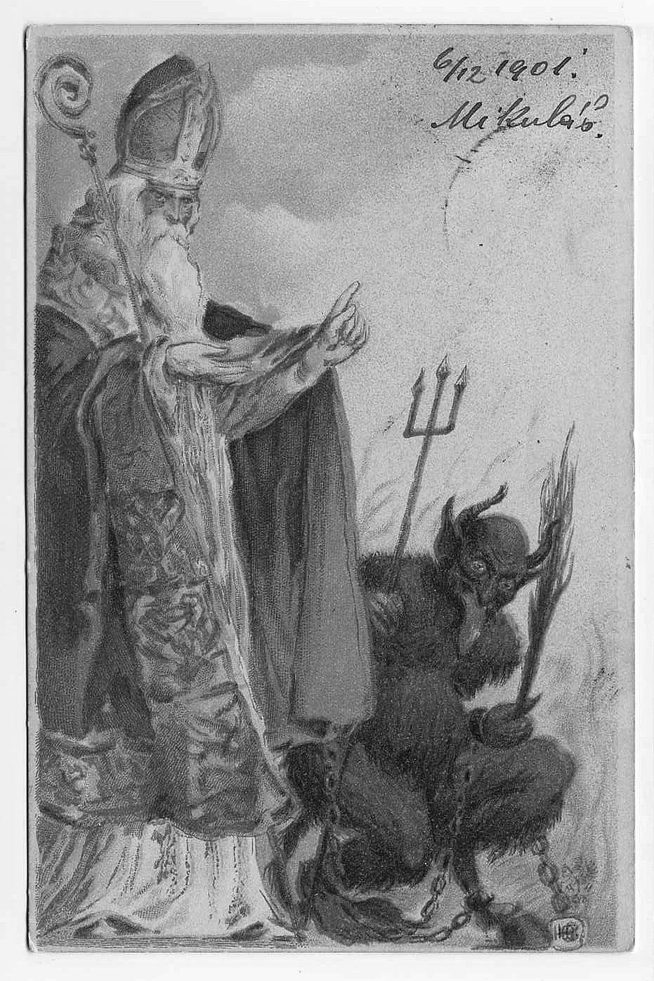 Greeting card dated to 1901 depicting Saint Nicholas in the full regalia of a Catholic bishop with Krampus by his side. Krampus is shown as a furry, black monster with horns, cloven hooves, a long dangling tongue, and chains on his arms, carrying a pitchfork and a bundle of birch sticks for beating children.