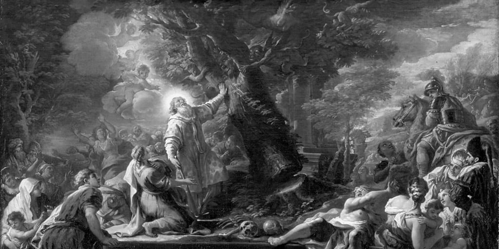 St. Nicolas of Bari Felling a Tree Inhabited by Demons, painted c. 1727 by the Italian Baroque painter Paolo de Matteis.