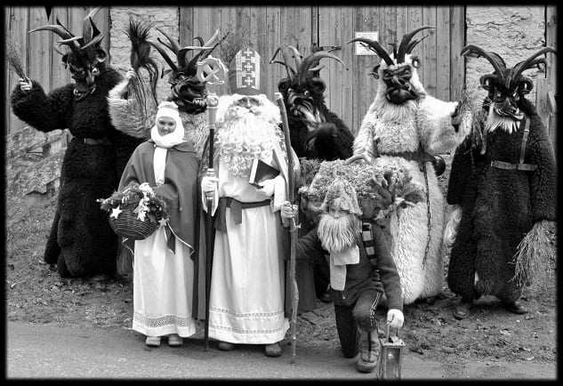 Saint Nichlas troupe with Körblträger. Gastein, Tyrol.