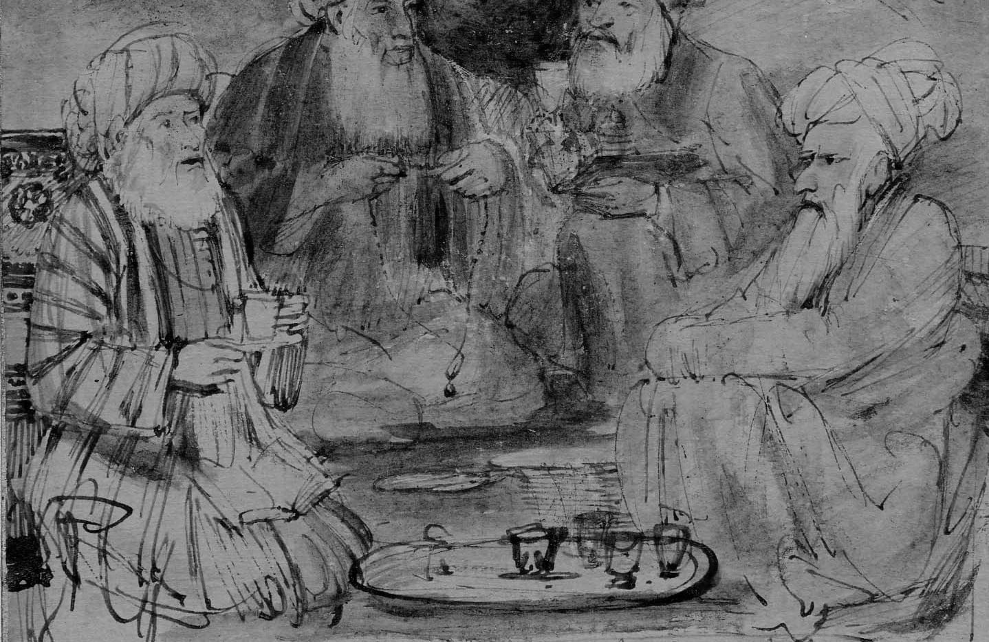 Mullahs drink an unidentified beverage in a 17th century painting later recreated as a drawing by Rembrandt (Public domain)