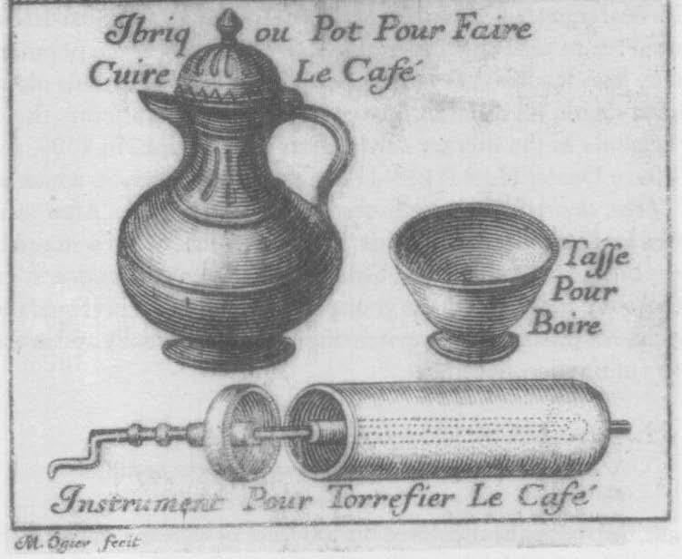 Engraving from Dufour’s 1685 book shows early Middle Eastern coffee appurtenances: Ibrik, zarf (called tasse) and grinder. Department of Special Collections, University of Pennsylvania