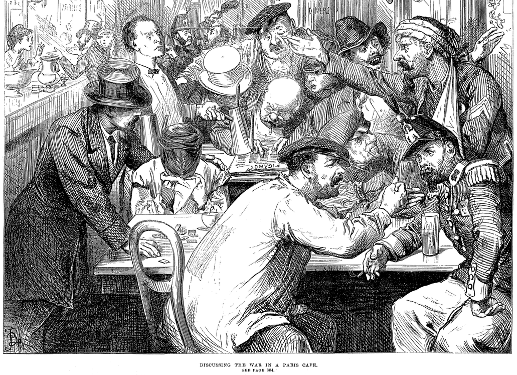 "Discussing the War in a Paris Café" - a scene from the brief interim between the Battle of Sedan and Siege of Paris during the Franco-Prussian War" Discussing the War in a Paris Café", The Illustrated London News, 17 September 1870. Public domain.