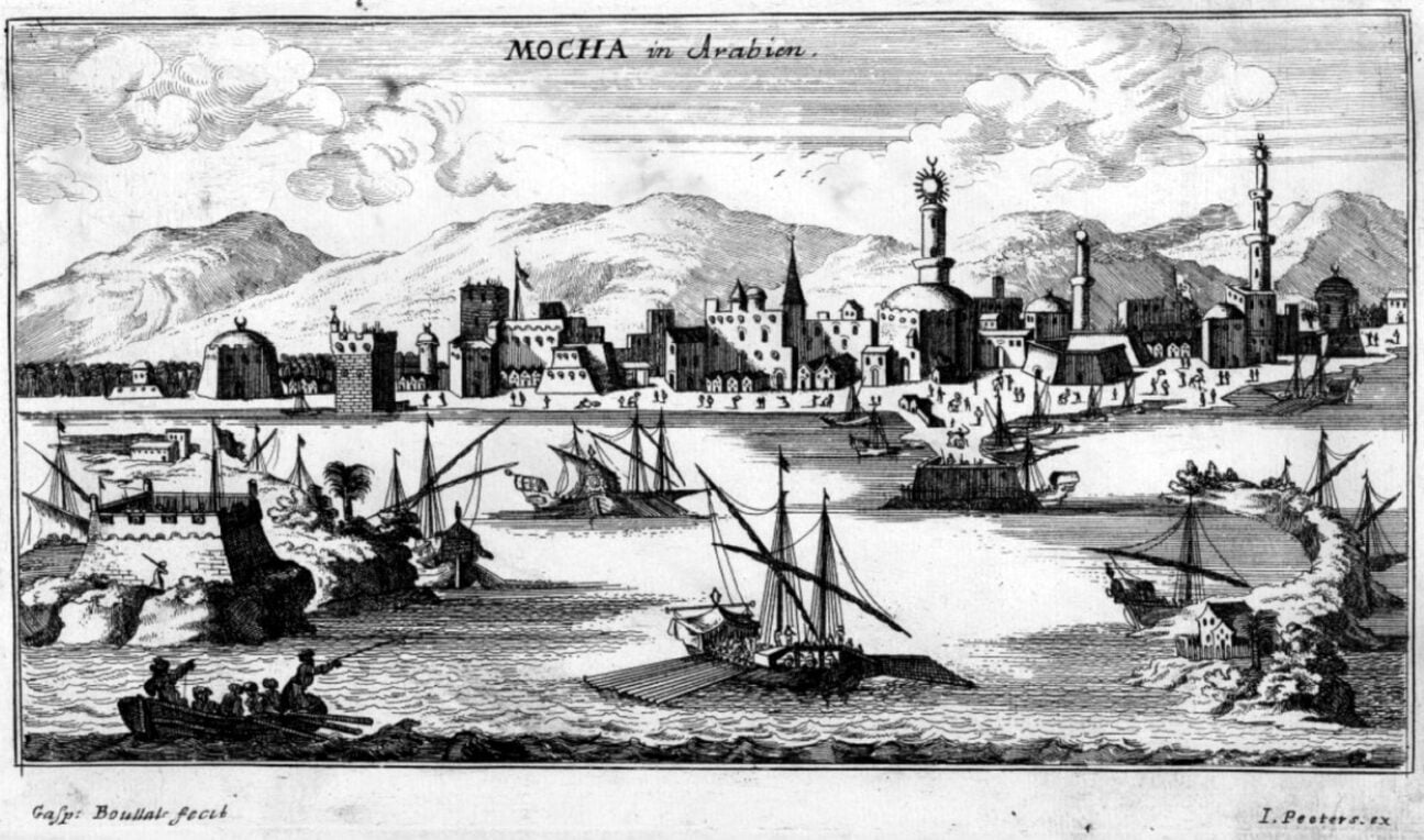 View of Mocha (Yemen). Part of a series of prints related to the Austrian-Ottoman war (1683–1699), and which included Mediterranean and Red Sea views as well as views of biblical places. Published c. 1690 by Antwerp-based Jacques Peeters. The etchings were done by Gaspar Bouttats, Lucas Vorstermans and Coenraad Lauwers. Lubiesquepublic domain