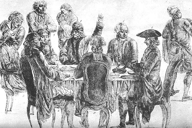 At Café Procope: at rear, from left to right: Condorcet, La Harpe, Voltaire (with his arm raised), and Diderot.