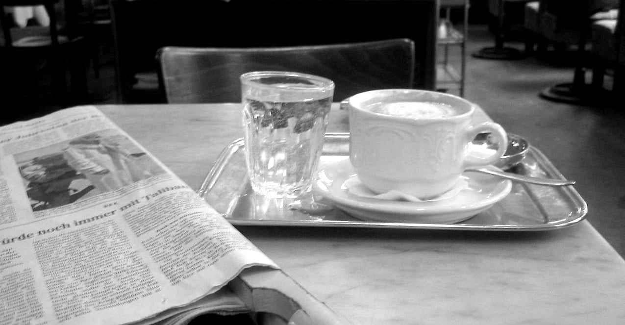 Typical scene in a Viennese "Kaffeehaus" café (coffee with tap water and newspaper), in the Café Bräunerhof in Vienna, Austria.