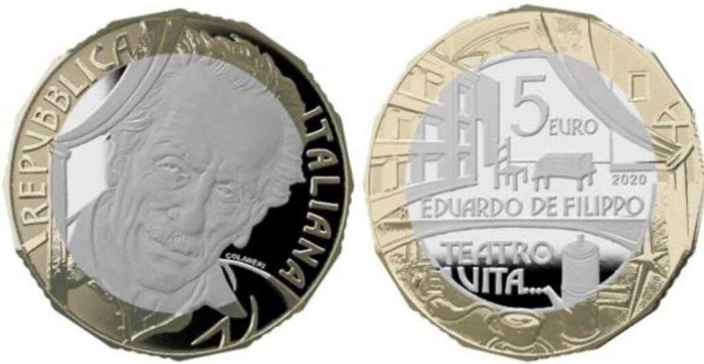 Eduardo De Filippo and theater 5 euro coin with Cucumella coffee pot and tazzina, coffee cup.