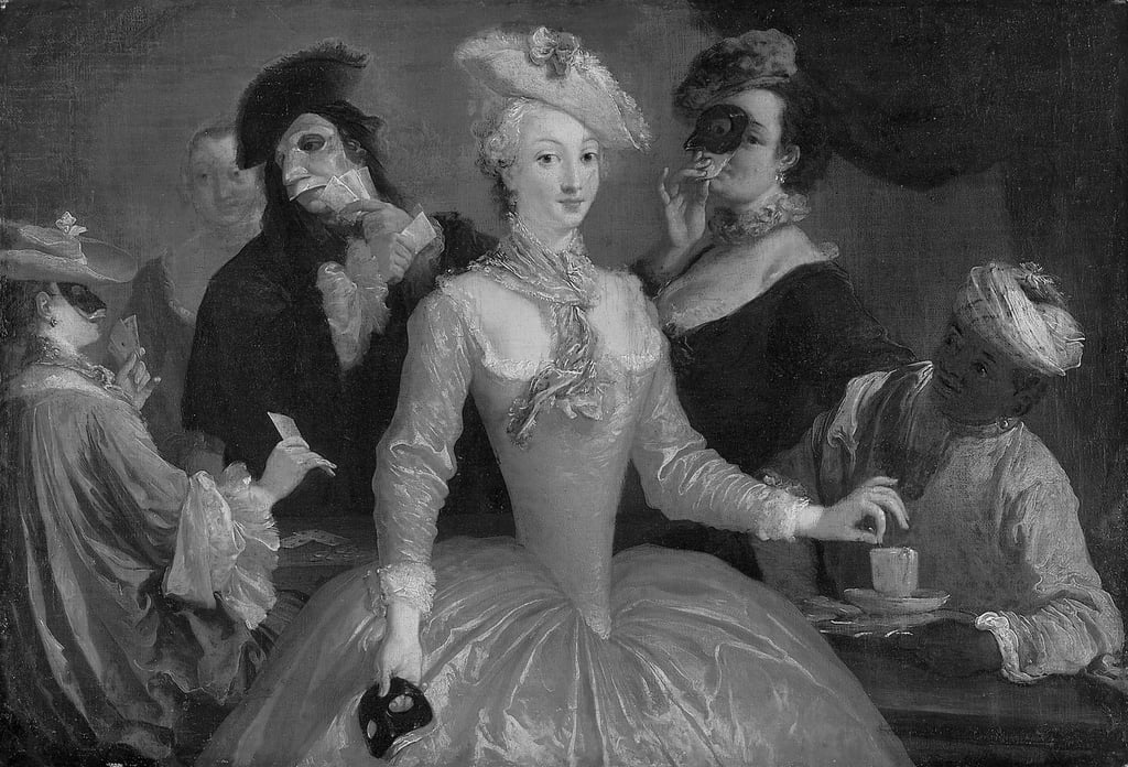 Elegant company in masque costume taking coffee and playing cards. Pietro Longhi-819271