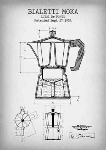 The new Moka Express model was a reference. Patent Nº 34833, 1950-1951.