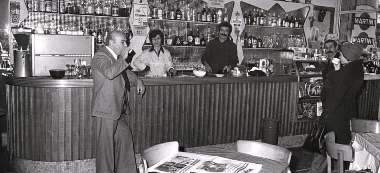 Bar Italia, Pordenone 70s, grandpa drinks a coffee, Il nonno prende il caffé al Bar Italia.