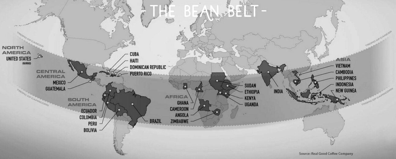 Coffee grows best in an area know as the Bean Belt – the band around the earth in between the Tropics of Capricorn and Cancer.