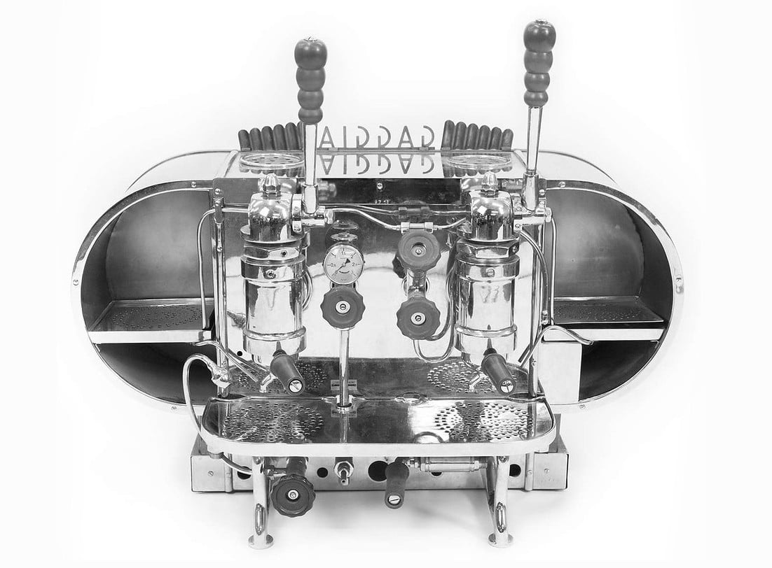 Achille Gaggia’s espresso machine with a spring-loaded piston lever, 1947