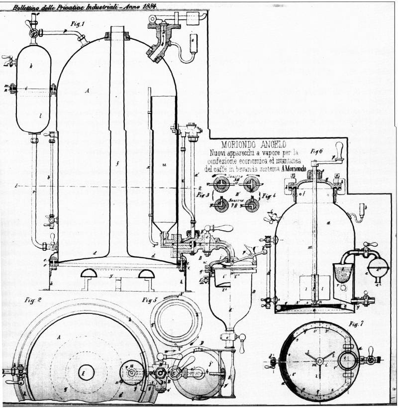 First patent (vol. 33 n. 256) for the Espresso Machine, by Mr. Angelo Moriondo, dated May 16, 1884 and titled "Nuovi apparecchi a vapore per la confezione economica ed istantanea del caffè in bevanda. Sistema A. Moriondo"