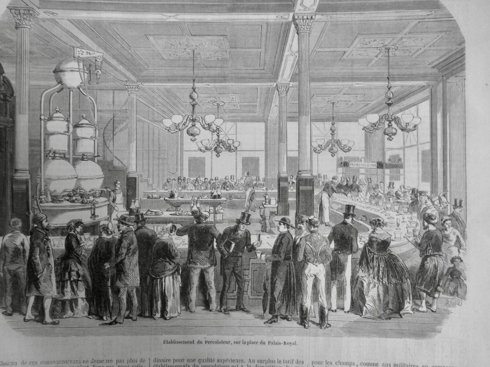 Establishment of the percolator on the place du Palais Royal Grand cafe in Paris, equipped with the hydrostatic percolator Loysel Gravure in Journelle universelle 07.06.1856 n 693. Picture taken from print.