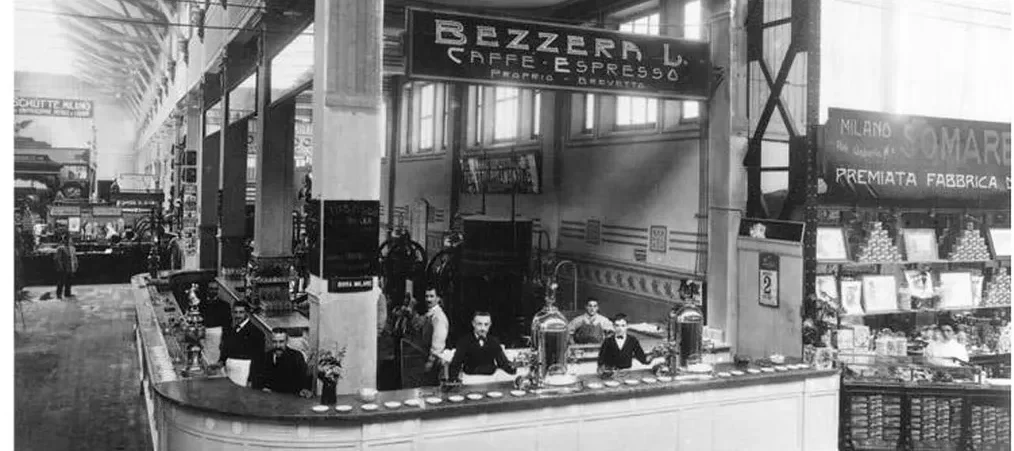 Bezzera stall in Milan 1906 Exposition, presenting his espresso machine.