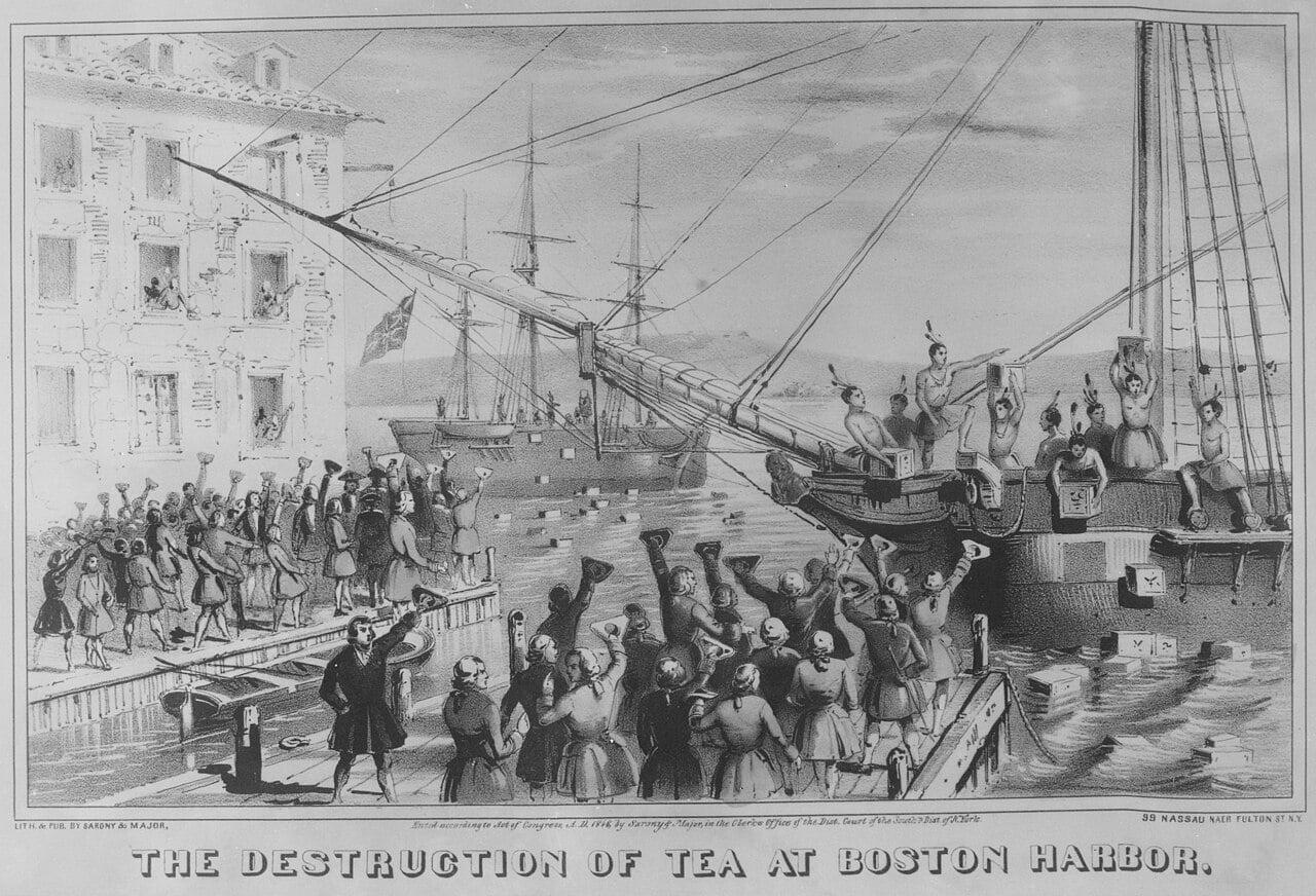 Boston Tea Party: Colonists, dressed up as Mohawk Indians, dumped British tea into the Boston Harbor. Lithograph by Sarony & Major, 1846. 