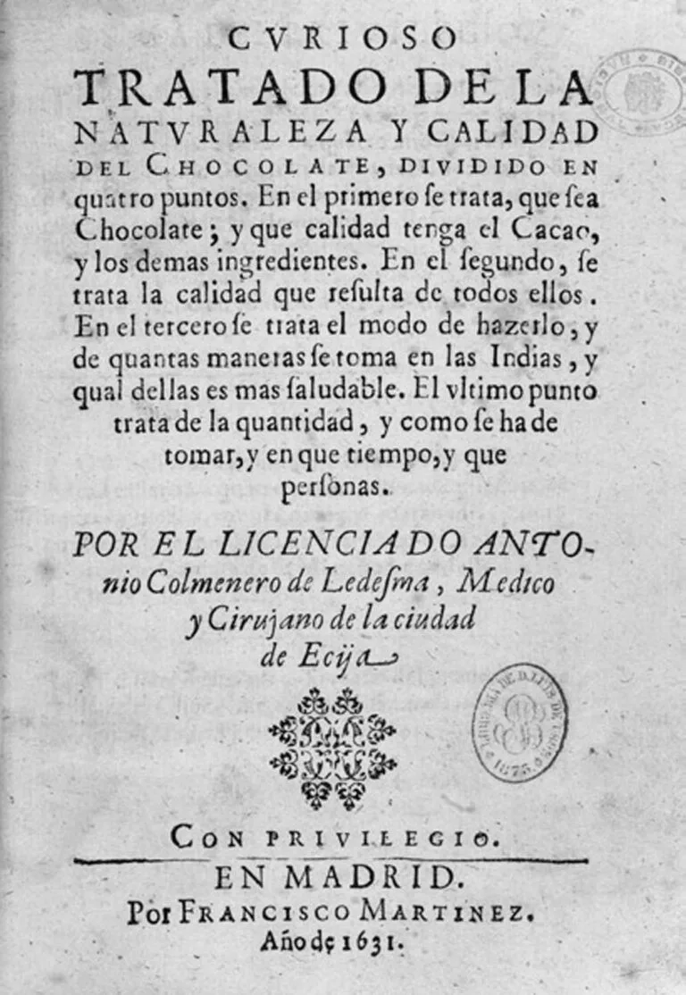 Antonio Colmenero de Ledesma’s Curioso tratado de la naturalez y calidad del Chocolate (Madrid, 1631). Image courtesy of the the Bibloteca Nacional de España