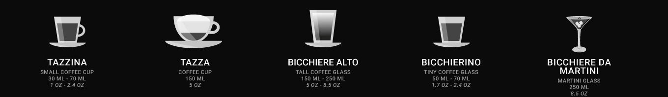 Italian coffee vessels, little cup, cappuccino cup, tall glass, small glass (bicerin), aperitif glass.
