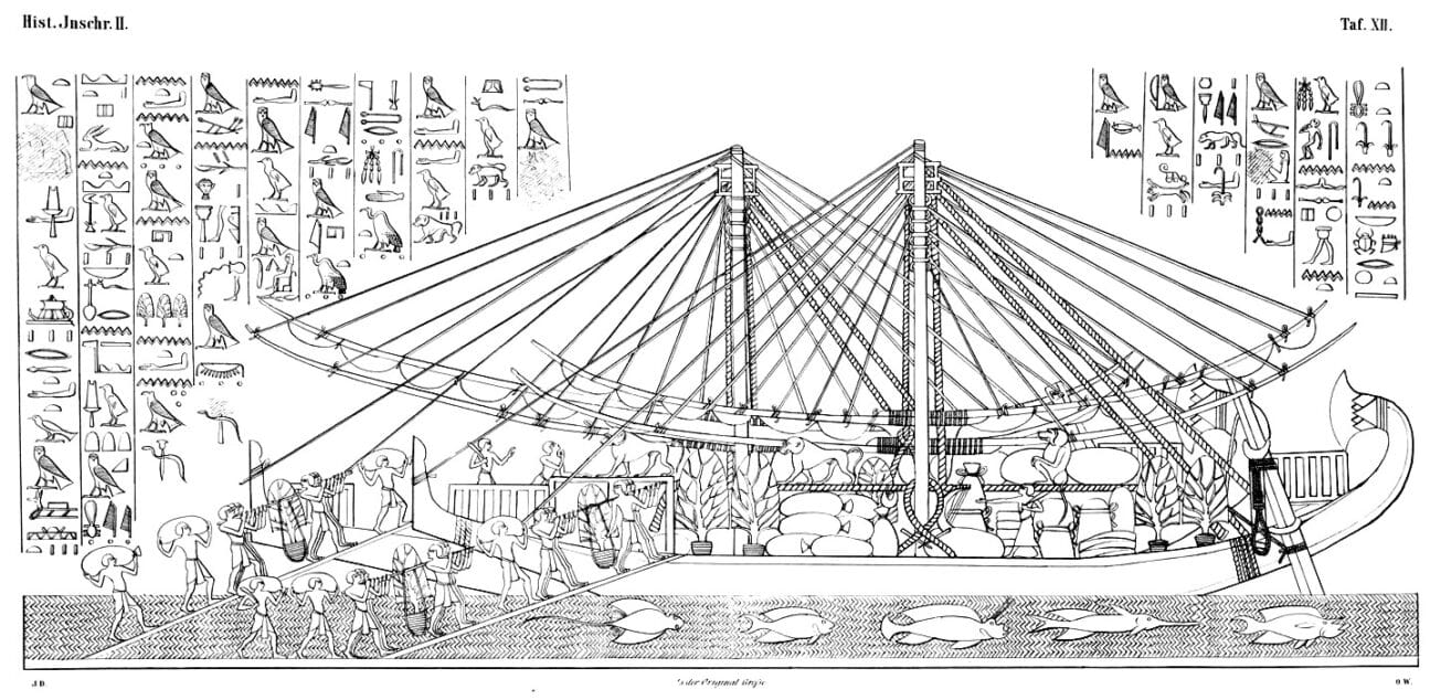 Above is a drawing of Hatshepsut’s vessels at dock in Punt, with workers loading commodities for the return voyage home. Live incense trees can be seen on the deck. Deir el-Bahari, temple of Hatchepsout Theben. Detail of the relief showing the expedition to Punt. Historische Inschriften altägyptischer Denkmäler. 2. Folge, nebst einigen geographischen und mythologischen Inschriften, gesammelt und herausgegeben von Johannes Duemichen. 1869.