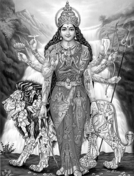 A modern Divine Mother encompassing all divinities in her lion and herself. A modern Divine Mother encompassing all divinities in her lion and herself.