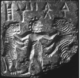 hero/ heroine holding tigers on seal M-308 . Mohenjo-Daro