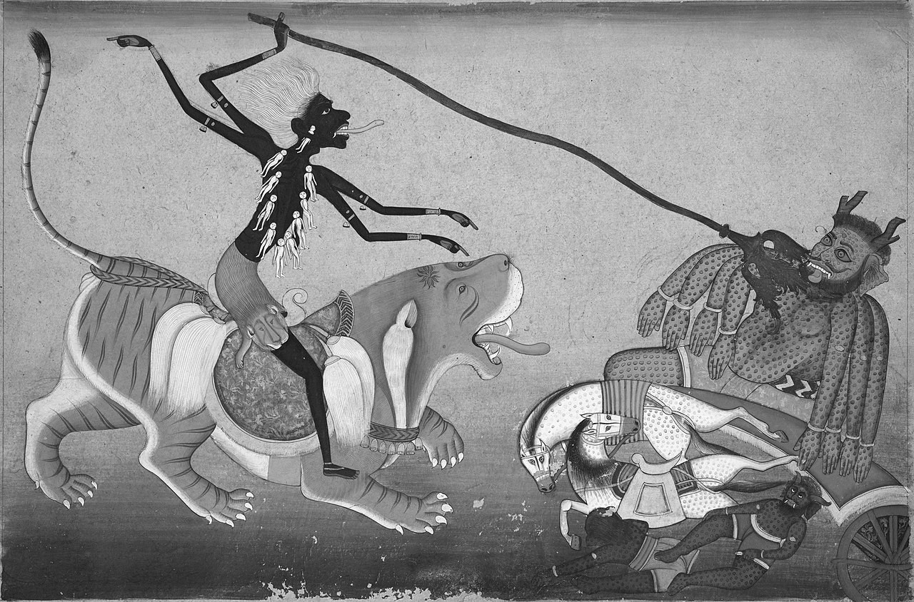 A Pahari depiction ofKali attacking Nisumbha with her trident; c. 1740