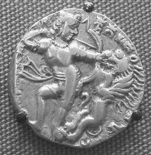 Kumaragupta fighting a lion, as depicted on his gold coin. Kumaragupta fighting a lion, as depicted on his gold coin.