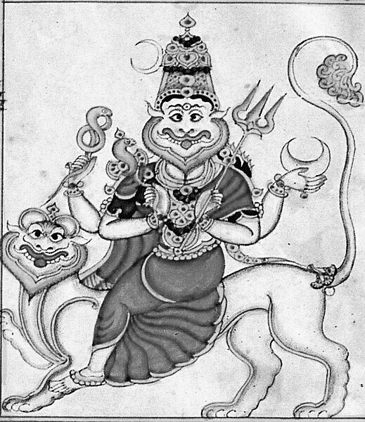 Pratyangira has a lion head and is riding a tiger