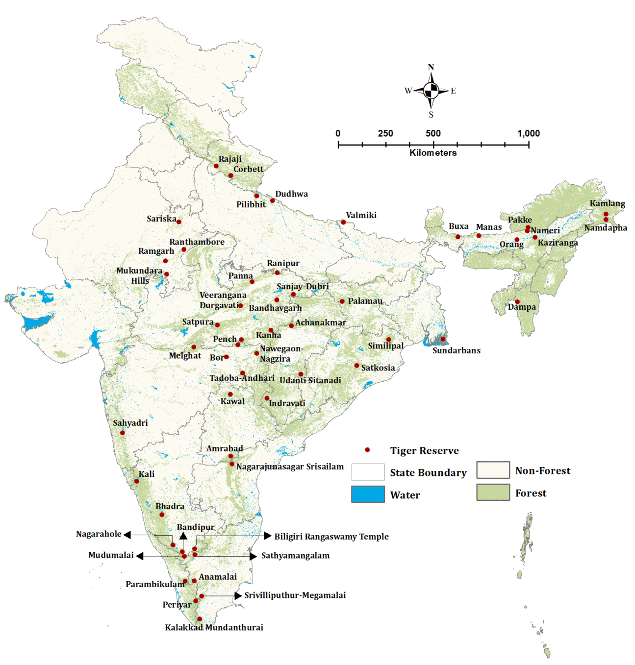 Map showing locations of Tiger Reserves in India.