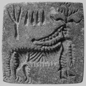 Mythological seals from Kalibangan. The female wears a headdress and bangles.