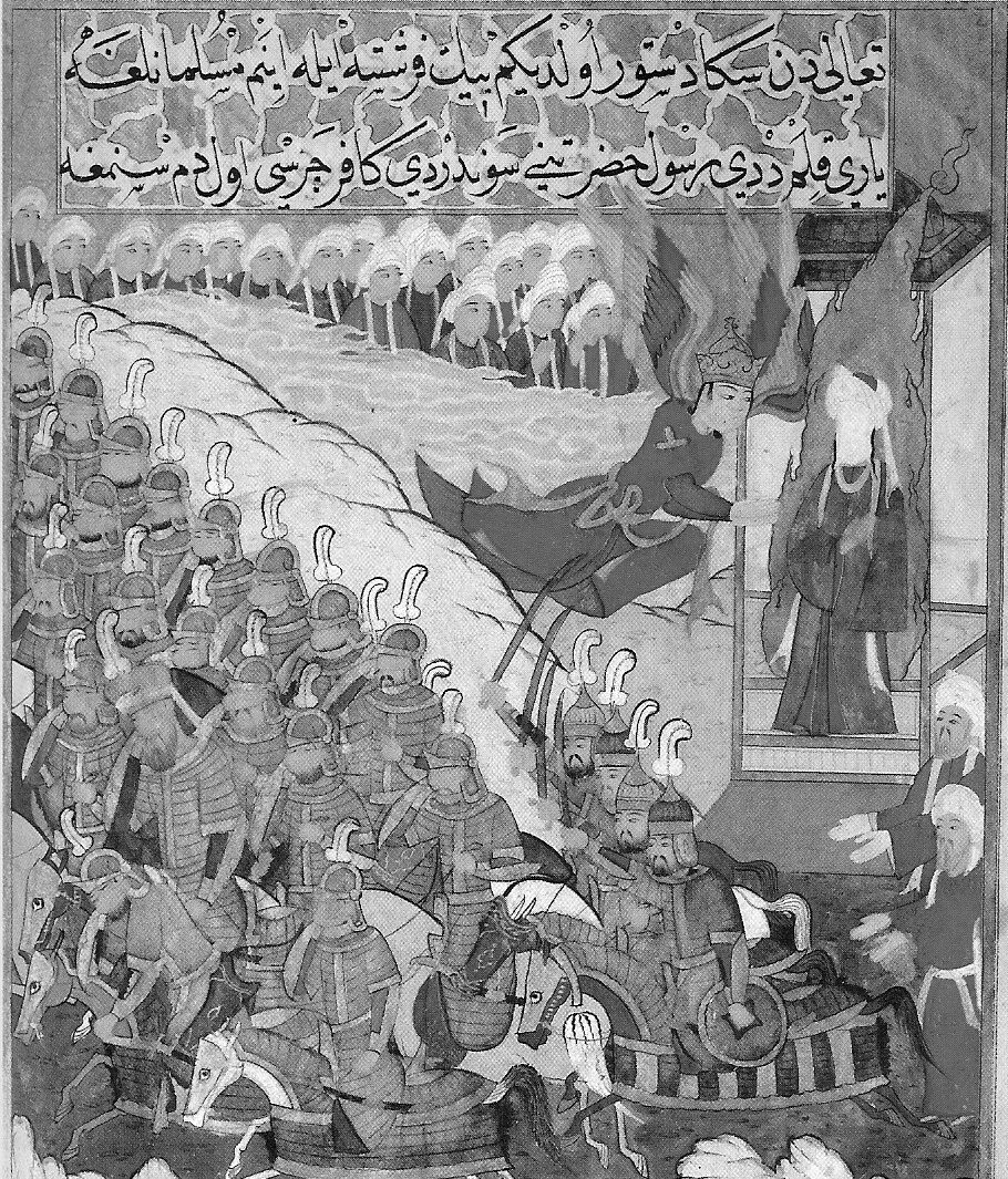 Muhammad sending waves of horsemen into combat at the en:Battle of Badr in an illustration from the en:Siyer-i Nebi (The Life of the Prophet), written around 1388. 