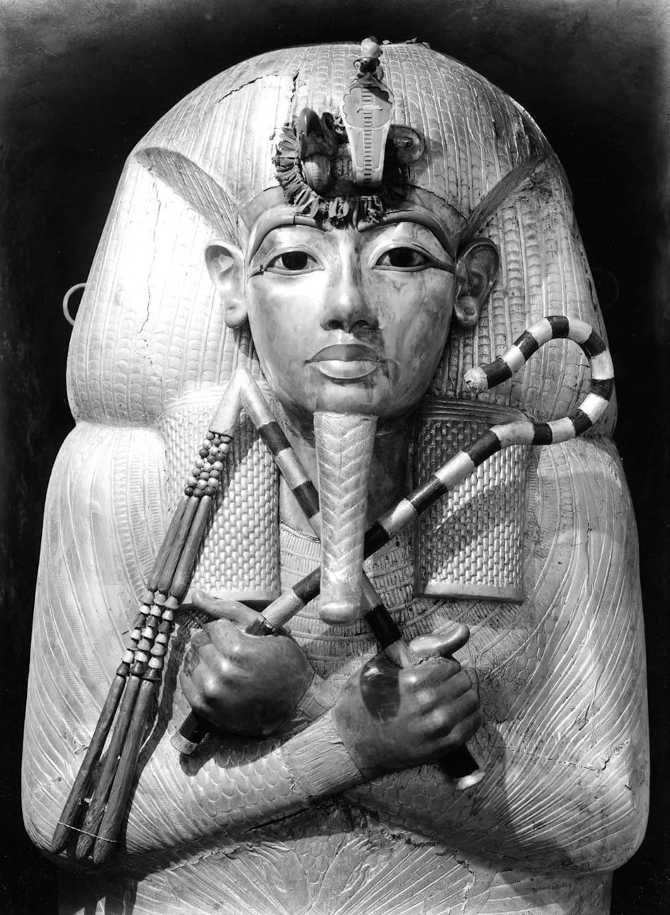 The face of Tutankhamun on the outer coffin.